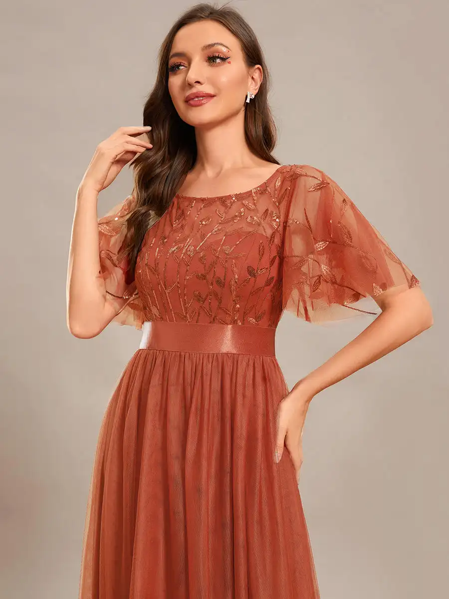Vestidos de noite elegantes com estampa de lantejoulas maxi longo com manga boné linha A 2025 Ever Pretty of gaze vestido de dama de honra laranja queimado