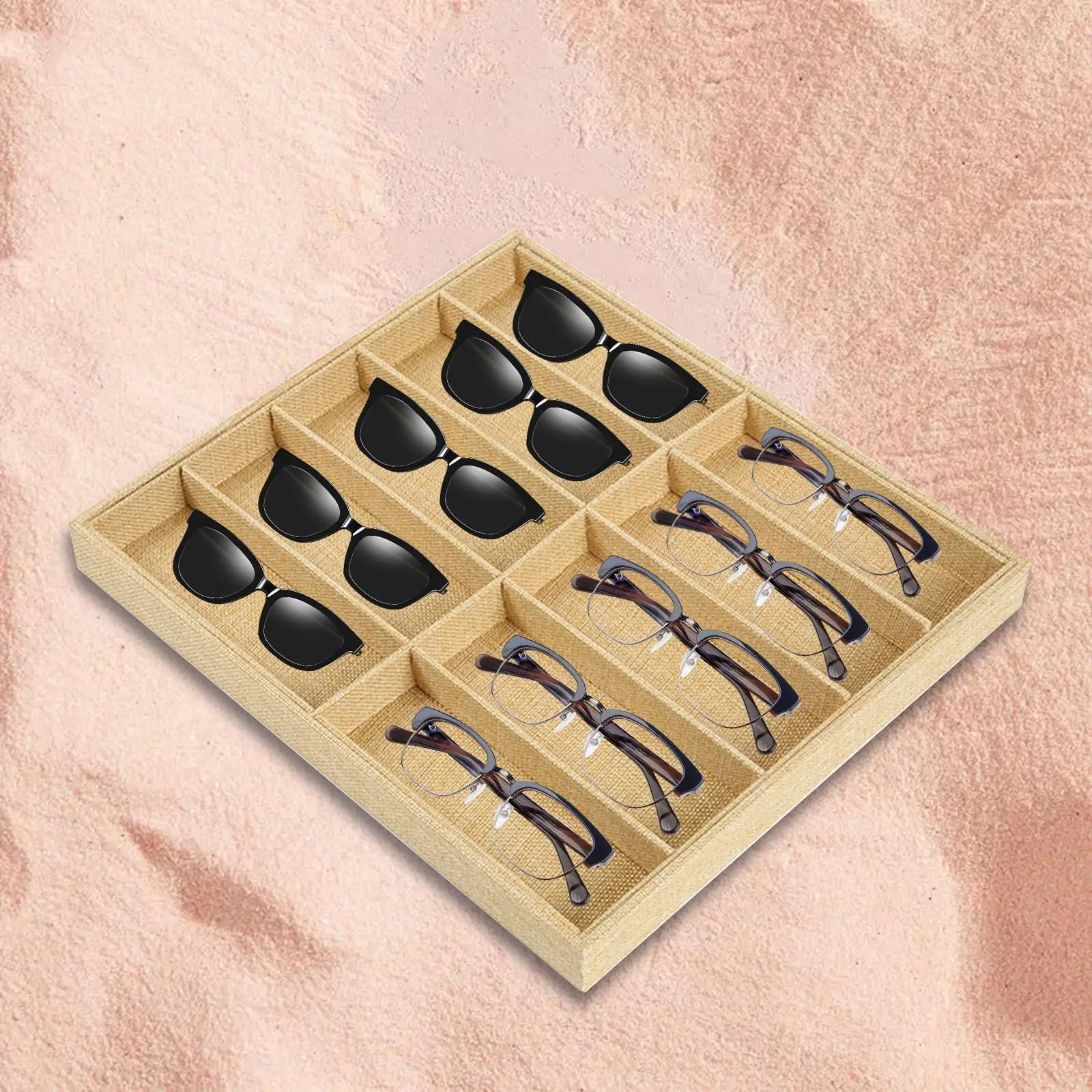 แฟชั่นแว่นตากรณี Beige 10 กริดแว่นตากันแดดกล่องแว่นตากันแดดแว่นตา Props เครื่องประดับถาด