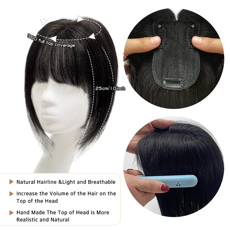 フレンチフリンジ付きストレートクリップヘアエクステンション,100% 人毛,7x10cm,ヘアピース,ボリュームを改善,25cm