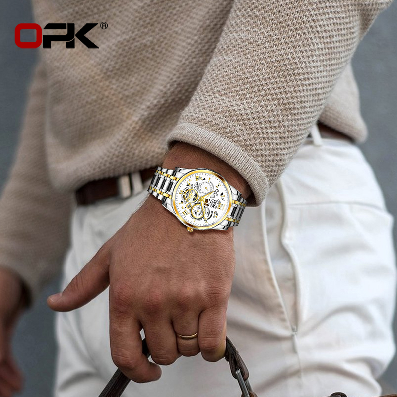 Relógio de pulseira de aço masculino, brilho noturno, impermeável, OPK8135