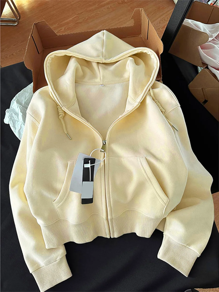 Início do outono chique casual jaquetas com capuz fino ajuste manga longa recortada superior zip-up quente cardigan estilo coreano moletom com capuz