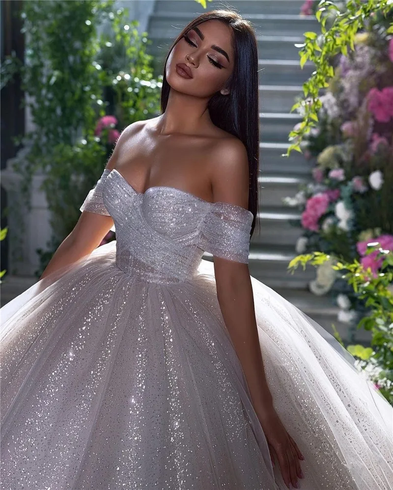 LORIE Shiny Glitter Prinzessin Brautkleider Eine Linie Weg Von Der Schulter Braut Kleid Herzförmiger Ausschnitt Dubai Brautkleider Angepasst