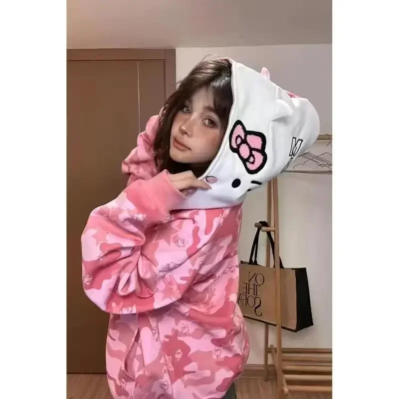 ストリート女性オリジナルサンリオハローキティジップパーカーガールルーズキャンパスカップルカーディガンコート Y2k 服特大トレーナー