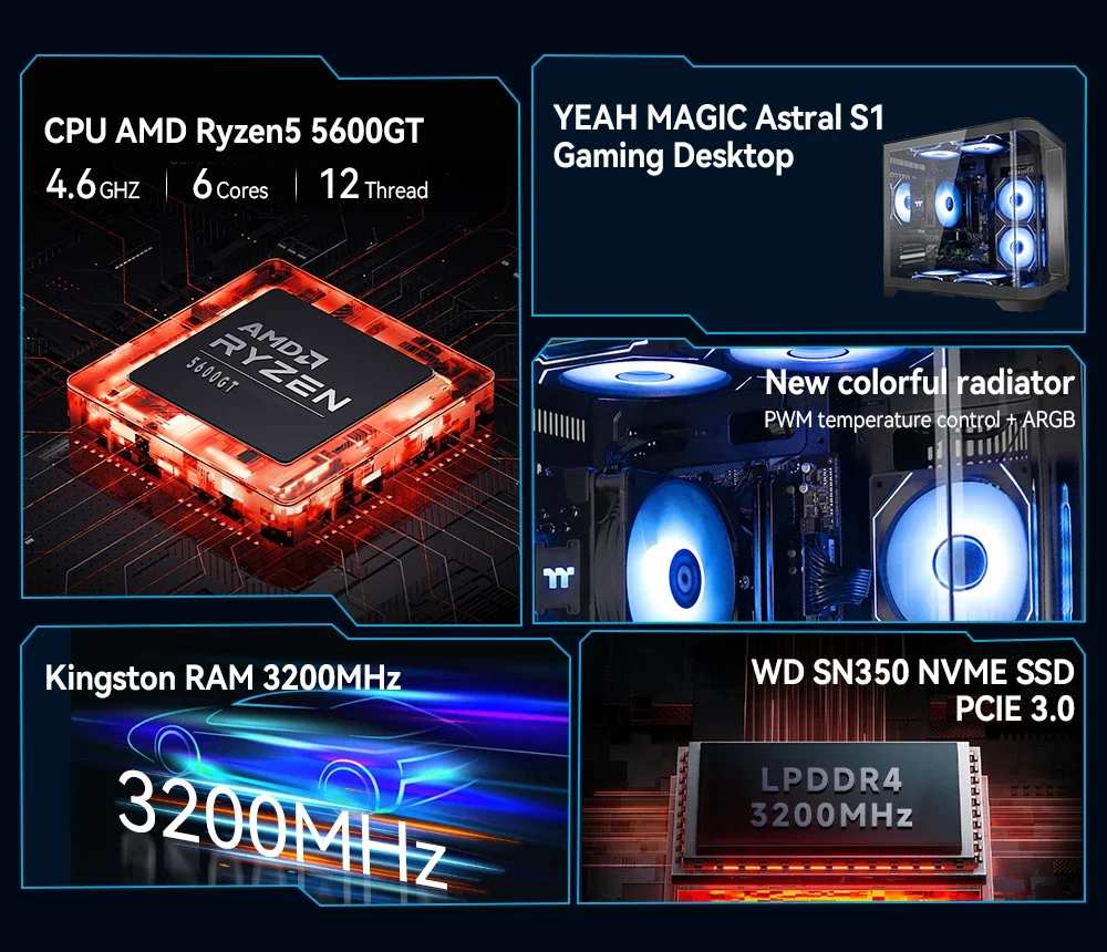 YEAH MAGIC-Bureau de jeu AMD Ryzen 5 5500 ghts, 3.9GHz, 16 Go, 8 Go x 2, DDR4, 3200, 1T, NVcloser, SSD, ARGB 7, GérP1, 11, Home Gamer Desktop, WIFI6