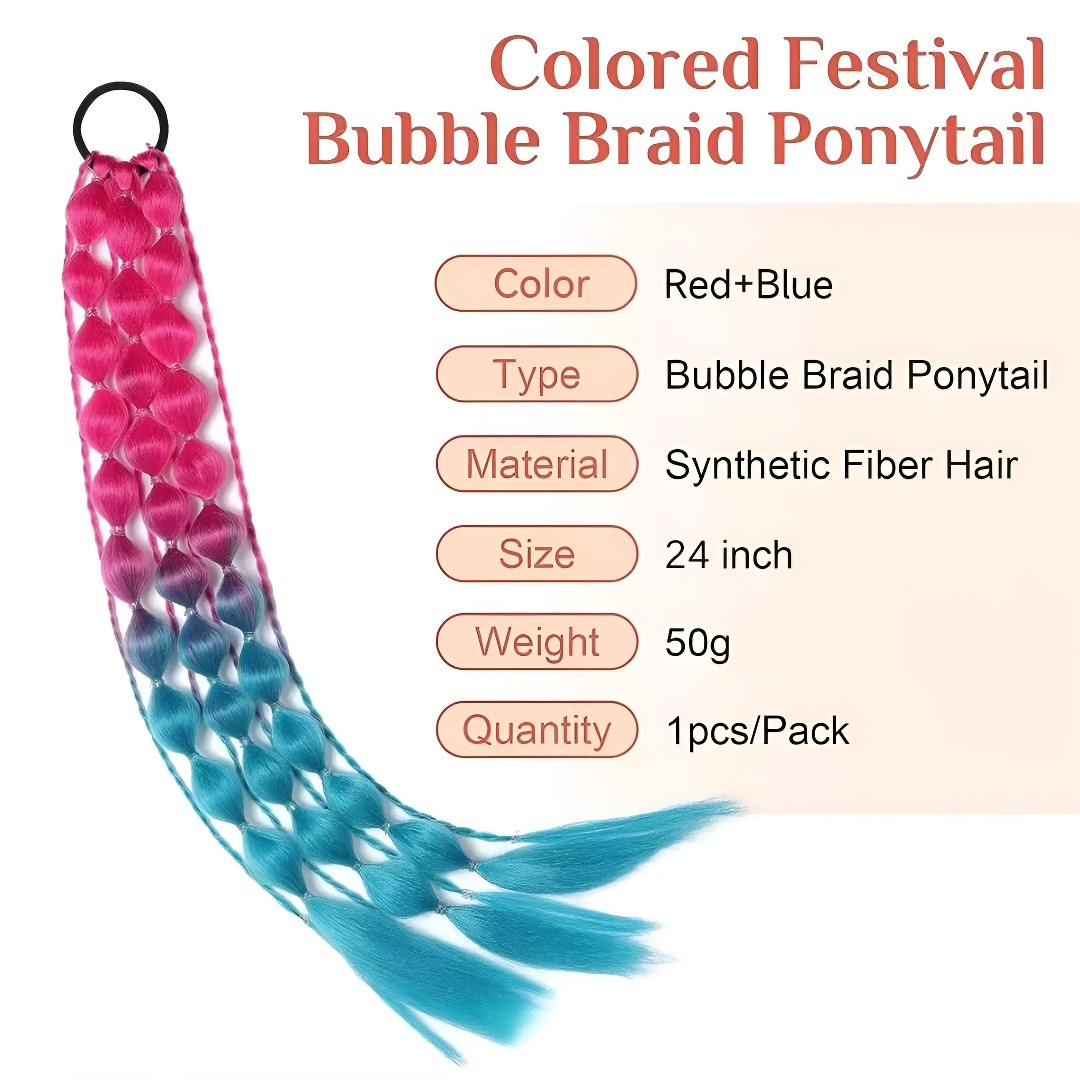Syntetyczny doczepiany kucyk 1 szt. Kolorowy warkocz bąbelkowy Długi warkocz latarnia z gumką do włosów Ombre Szalone akcesoria do włosów na specjalne dni