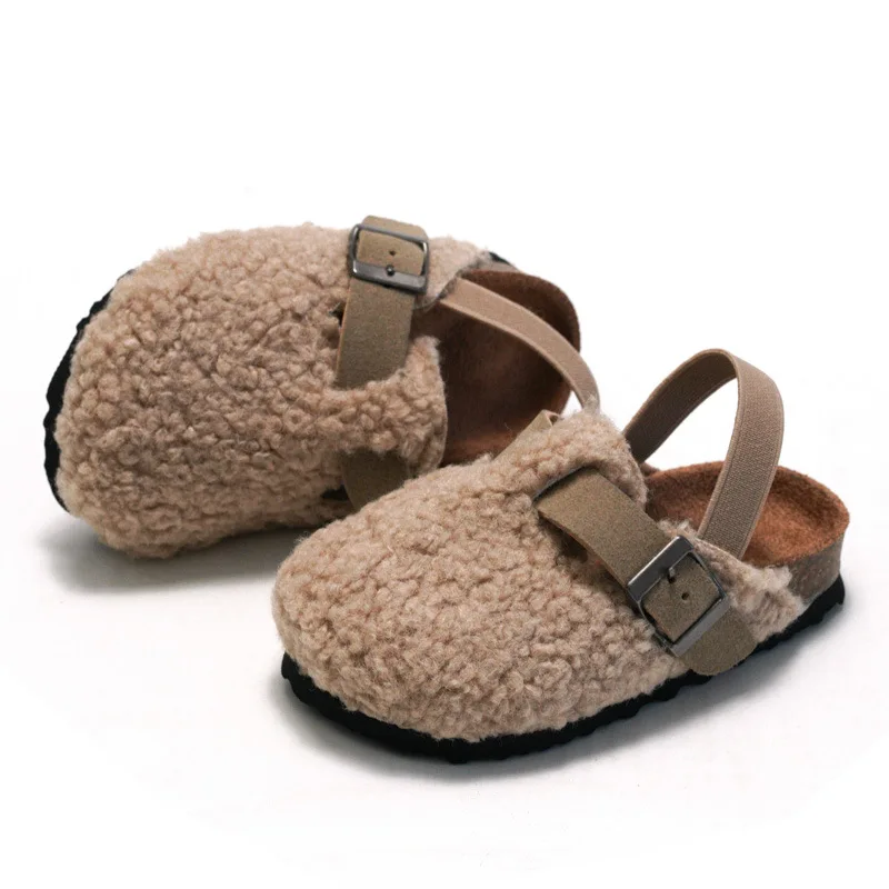 เด็กทารกเด็กชายหญิง WARM Fuzzy รองเท้าแตะรองเท้าแตะ Plush Cork Faux FUR Flats เด็กวัยหัดเดิน Prewalker รองเท้าแตะสายรัดด้านหลังยืดหยุ่น