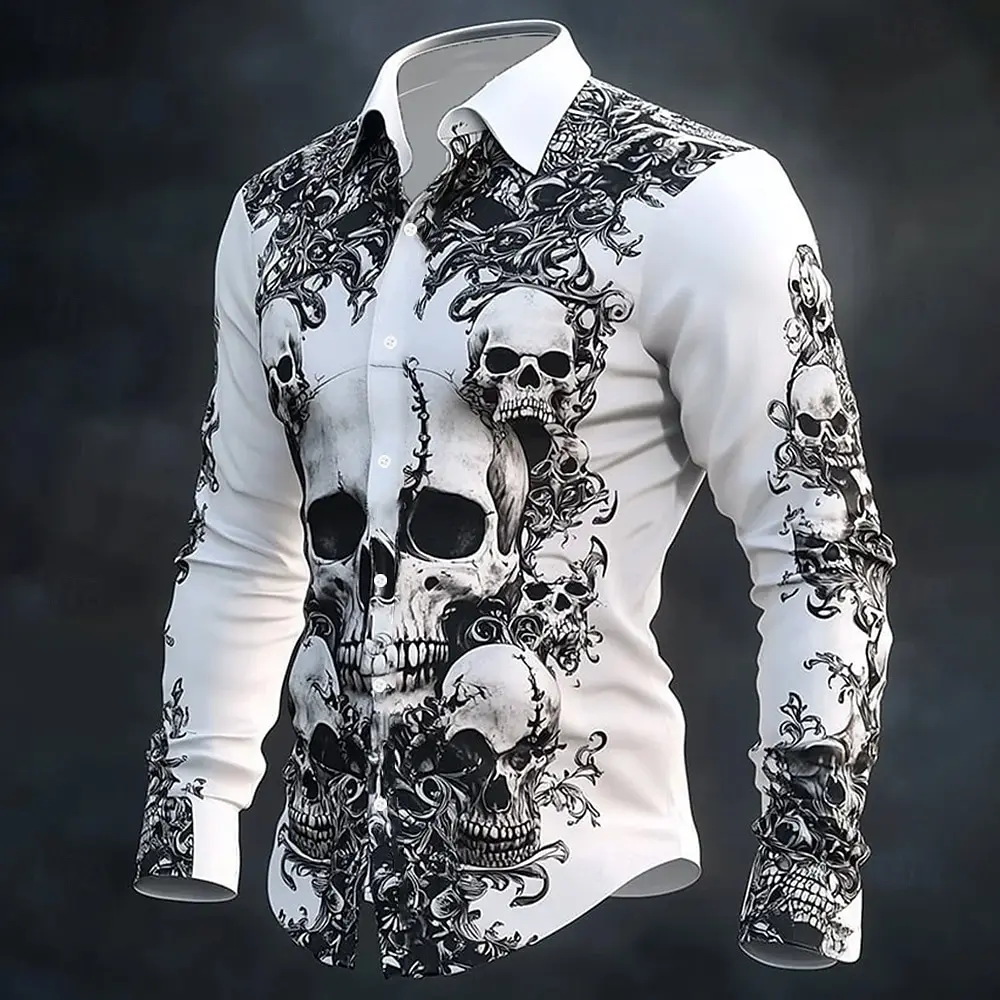 Camicia con stampa teschio Hip Hop Uomo Streetwear 2025 Top a maniche lunghe Maglietta grafica urbana alla moda Abbigliamento gotico ampio e casual