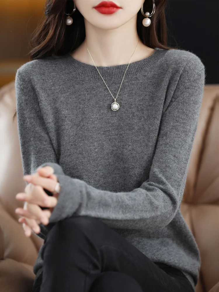 แฟชั่น 100% Merino ขนสัตว์เสื้อกันหนาว Elegant CASHMERE Pullover ผู้หญิง O-คอยาวแขนยาวเสื้อถัก Basic เสื้อผ้าเสื้อจัมเปอร์