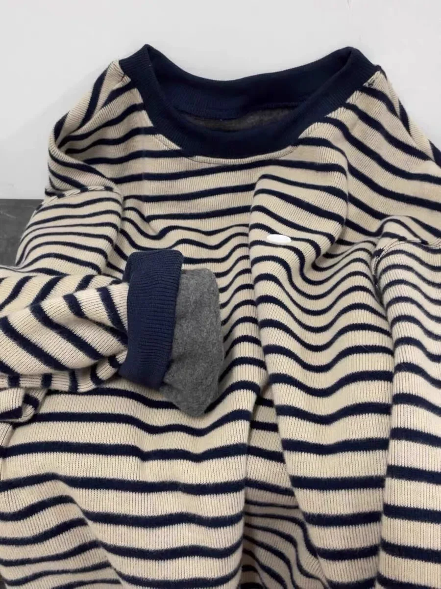 Plus Size Women's Stripe Hoodless Sweatshirt Loose Comfortable American Retro Lazy Chic Spring Autumn New Sle High-End Feelin...
