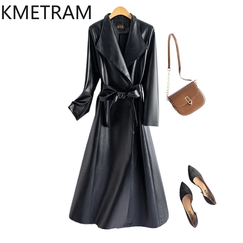 KMETRAM-Chaqueta de piel de oveja auténtica para mujer, abrigo largo medio, moda coreana, Otoño, 2024