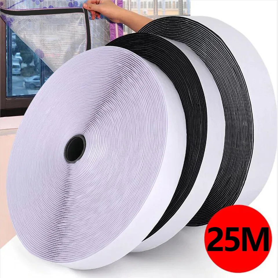 Fita adesiva forte de 25 metros, gancho e laço, preto e branco, fita adesiva de nylon com cola forte 20/25/30/50mm