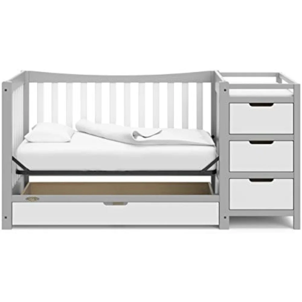 New 5-In-1 Convertible Crib & Changer with Drawer Crib and Changing-Table Combo, Includes Changing Pad, Converts To Toddler Bed