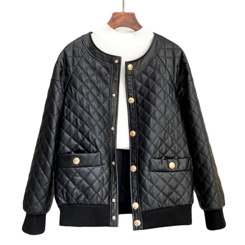 Женская куртка из натуральной кожи, с круглым вырезом