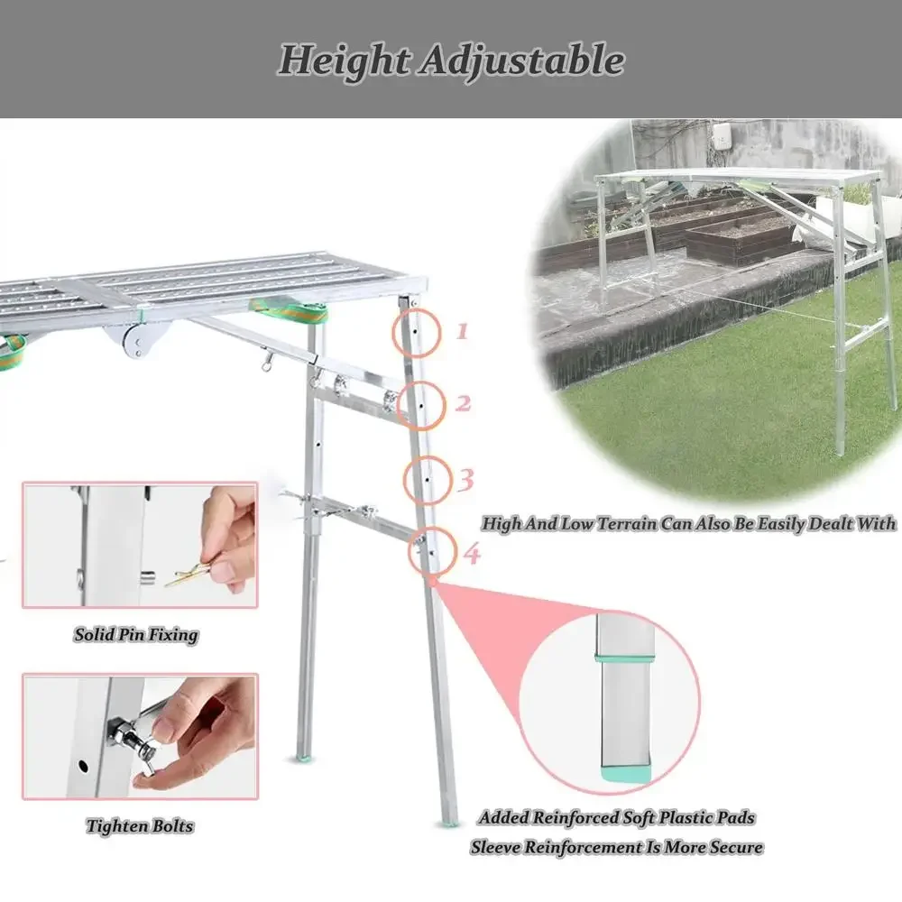 Adjustable Portable Folding Scaffolding Work Platform Sturdy Galvanized Steel Bench with Double Support Rods Home DIY Jobs and