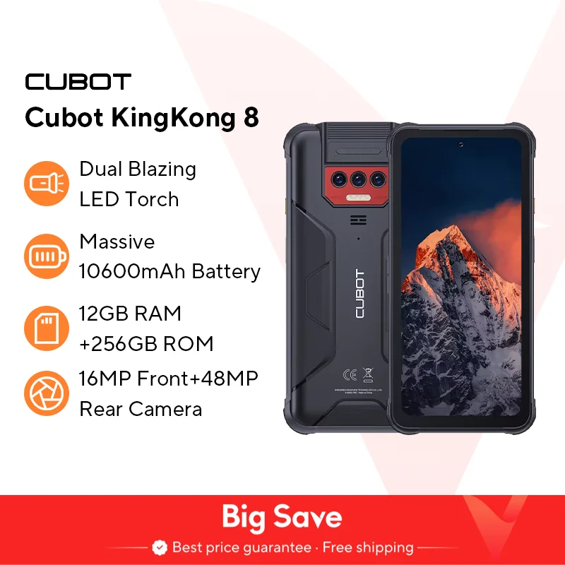 Cubot KingKong 8, Smartphone robusto e impermeabile Android 13, 12 GB di RAM (6 GB + 6 GB), 256 GB di ROM, 10600 mAh, NFC, Octa-core, Telefono 4G, OTG