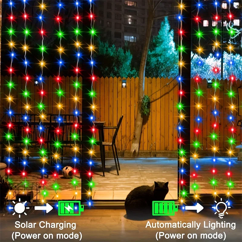 Solar-Vorhang-Licht für den Außenbereich, wasserdicht, Solar-Fee-Girlande, Lichterkette für Garten, Hof, Pavillon, Hochzeit, Party, Urlaubsdekoration