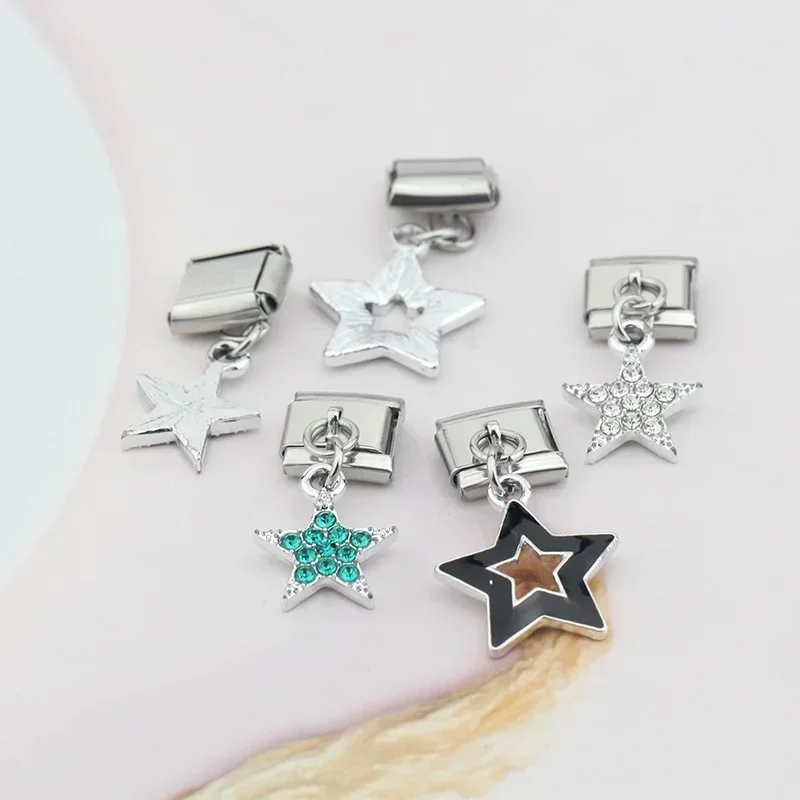 Hapiship Mới Thời Trang Màu Sắc Men Ngôi Sao Sáng Bóng CZ Ý Liên Kết Quyến Rũ Phù Hợp Với 9Mm Thép Không Gỉ Vòng Tay Trang Sức Tự Làm DJ433