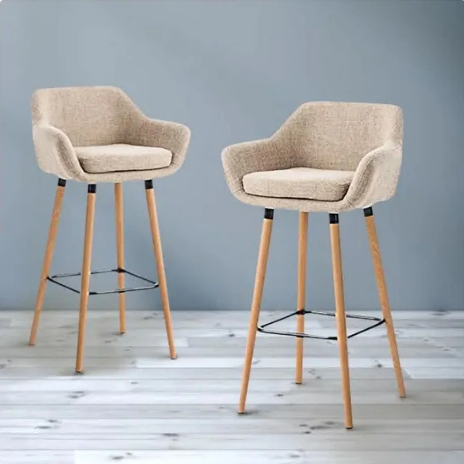 Lot de 2 tabourets de bar en tissu lin Bois de chêne - Couleur beige - 45L x 45L x 104H cm