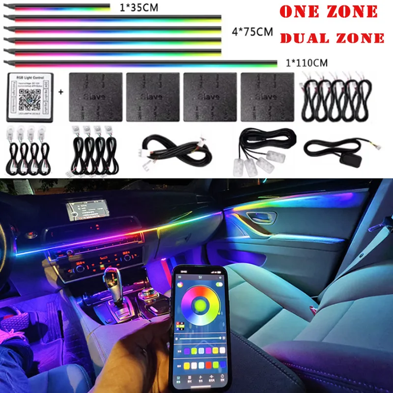 6/10/14/18 em 1 LED acrílico para carro luz ambiente RGB 64 213 cores Symphony Acrílico APP Controle Bluetooth Streamer Kit de lâmpada atmosférica 12V One Zone Dual Zone