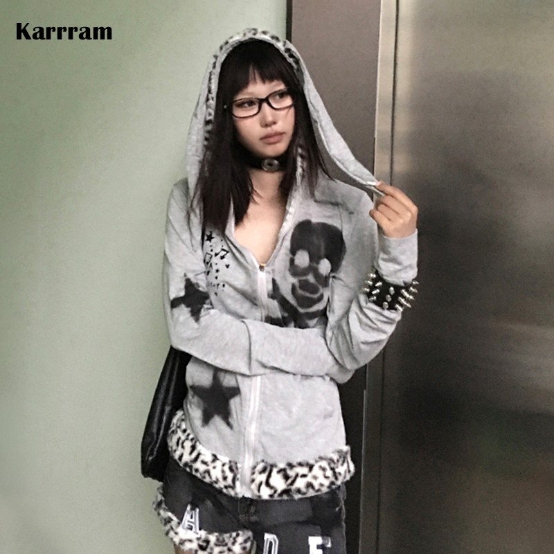 Karrram Japanische Y2k Hasenohren Jacke Gothic Totenkopf Aufdruck Kapuzenoberbekleidung Vintage Harajuku Reißverschluss Sweatshirt Grunge Ästhetik