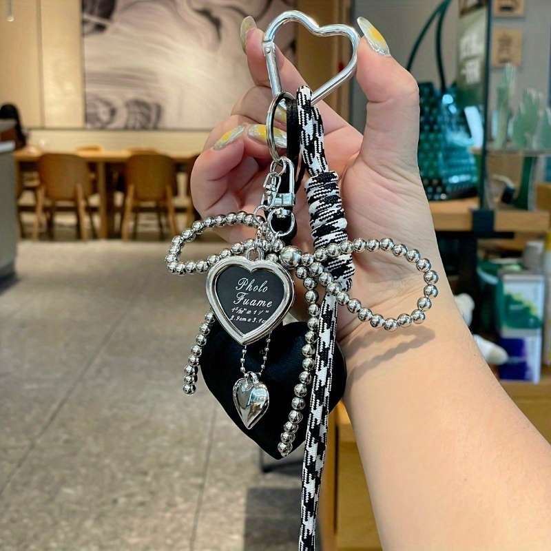 Trendy Leather Heart Bow Keychain Delicate Beaded Keyring Car Key Holder Bag Pendant Decoration For Girls Gift