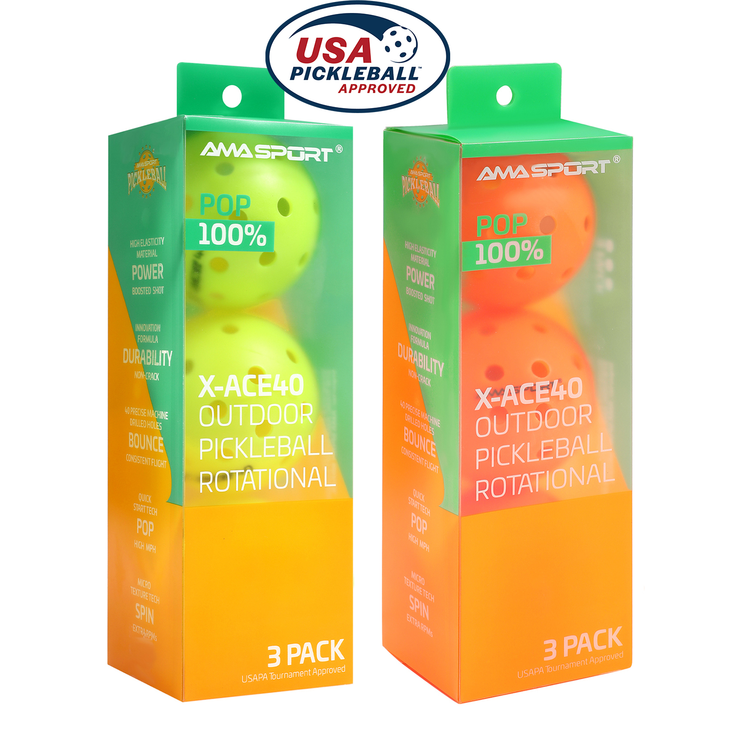 AMA Sport X-ACE Pickleballs 40-луночные уличные шарики для пиклбола, устойчивые к трещинам цельные шарики, 100% POP-оптические желтые
