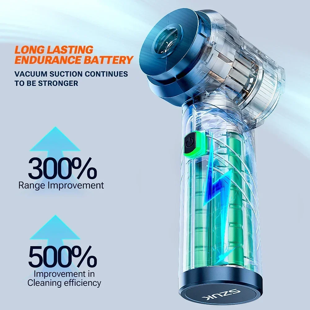 SZUK 2025 新車用掃除機、ポータブルハンドヘルドミニ掃除機、90°折りたたみ式パワフルワイヤレスクリーナー、小型ハンディ掃除機強力吸引クリーニングマシン