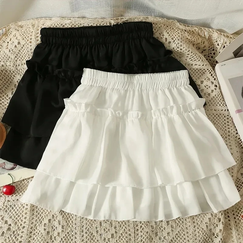 Sommer Kawaii Weiß Rüschen Rock Frauen Mode Slim Fit Chiffon Mini Röcke Giris Y2k Alle Spiel Elastische Hohe Taille Schwarz Faldas
