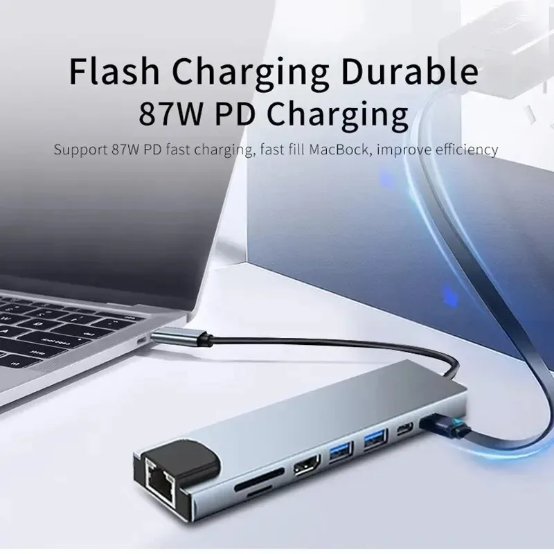 USB C Hub 8 en 1 tipo C 3,1 a 4K adaptador HDMI con lector de tarjetas RJ45 SD/TF PD carga rápida para MacBook Notebook ordenador portátil