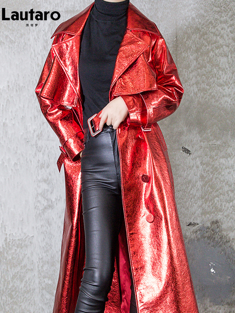 Lautaro-光沢のある反射パテントレザー,女性用トレンチコート,ベルト,ダブルブレスト,ヨーロッパのファッション,春秋