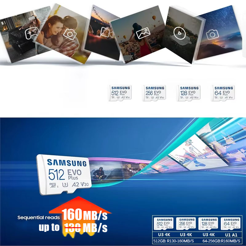 SAMSUNG Cartão de Memória Original 64GB/U1/128GB/256GB/512GB SDXC Micro SD/TF Flash Cards MicroSD UHS-1 U3 4K Para Câmera de Drone de Telefone