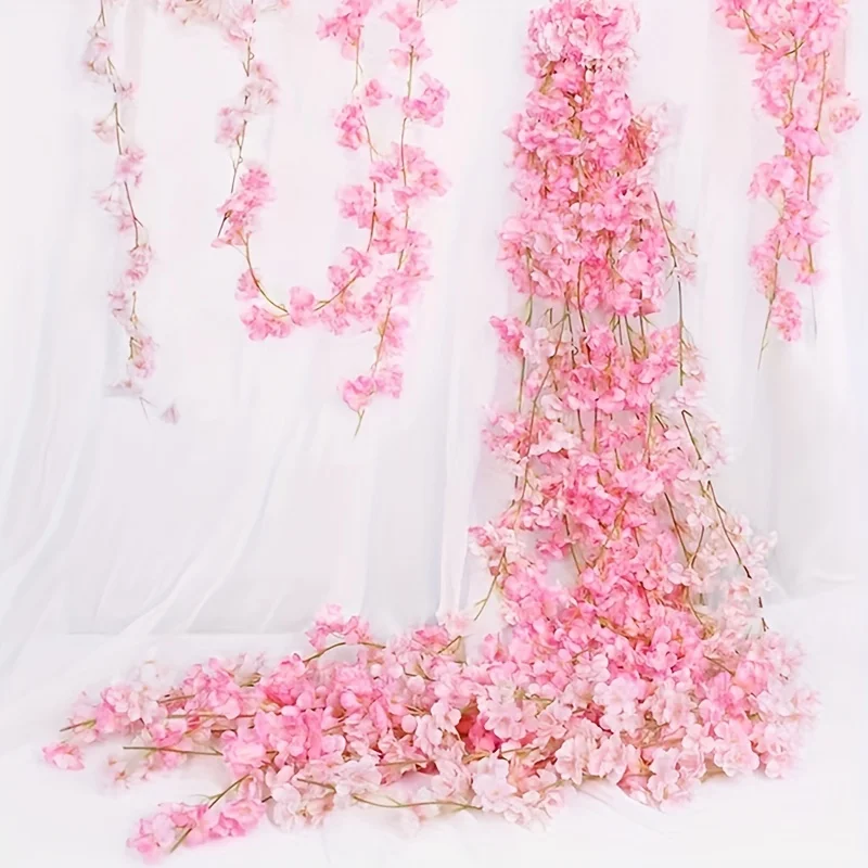 Guirnalda de flores artificiales de Sakura rosa, flores de cerezo, enredaderas, decoración de arco de jardín, guirnalda de flores falsas, decoración del hogar para fiesta de boda