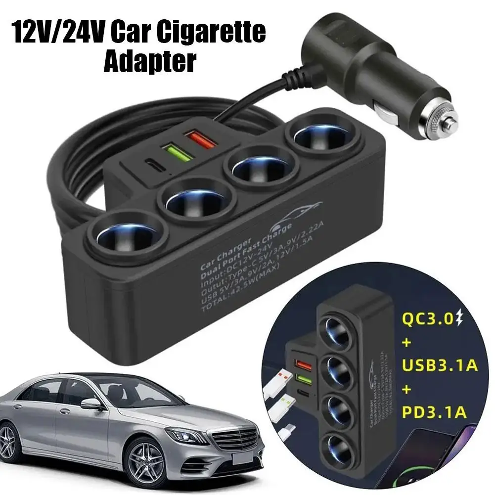 Adaptador de encendedor de cigarrillos de coche de 12V/24V nuevo cargador de 4 enchufes 3.1A USB de coche + QC3.0 + PD3.1A accesorios puerto USB 120W