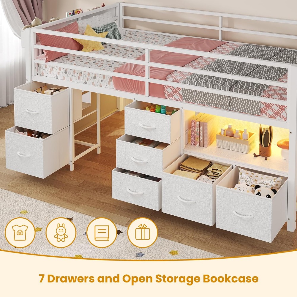 twin size metal loft bed with 7 drawers, bookcase, led lights, and 14" safety rail