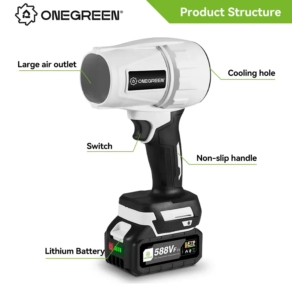 ONEGREEN 2000W Electric Turbo Blower Jet Fan 200M/S Handheld Air Blower Violent Blowing Tool for Makita 18V Battery