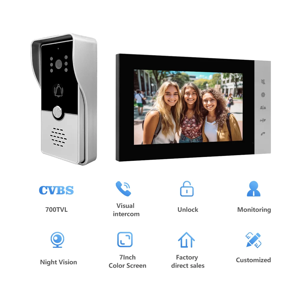 Campainha de vídeo 720P com tela colorida de 7 polegadas, intercomunicador doméstico, sistema de controle de acesso eletrônico de visão noturna inteligente de alta definição