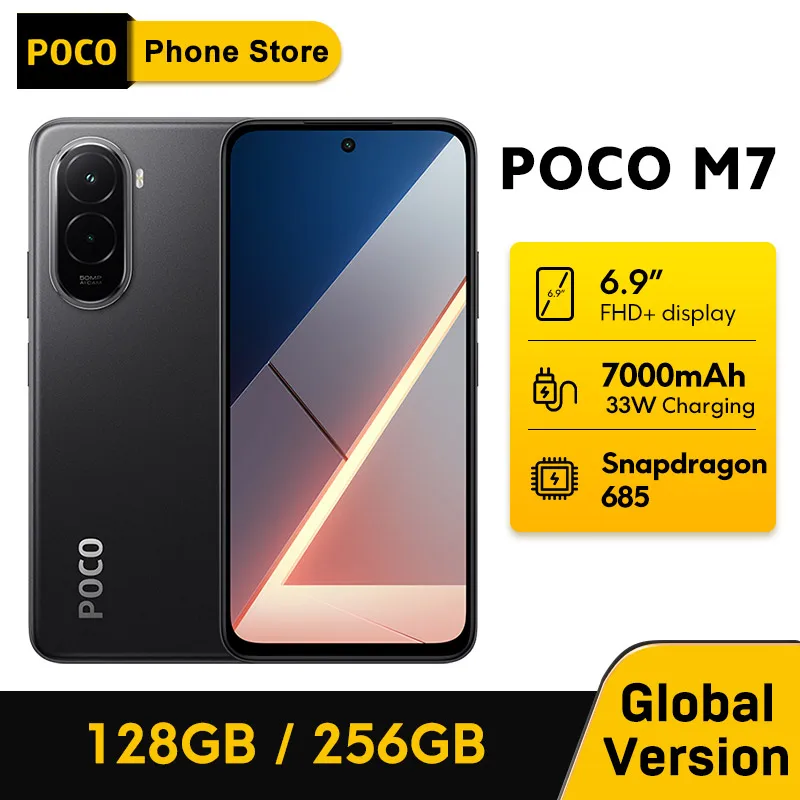 POCO M7 NFC глобальная версия мобильного телефона 6,9 дюйма 144 Гц FHD + DotDisplay 7000 мАч аккумулятор 50 МП камера 33 Вт зарядка Snapdragon 685