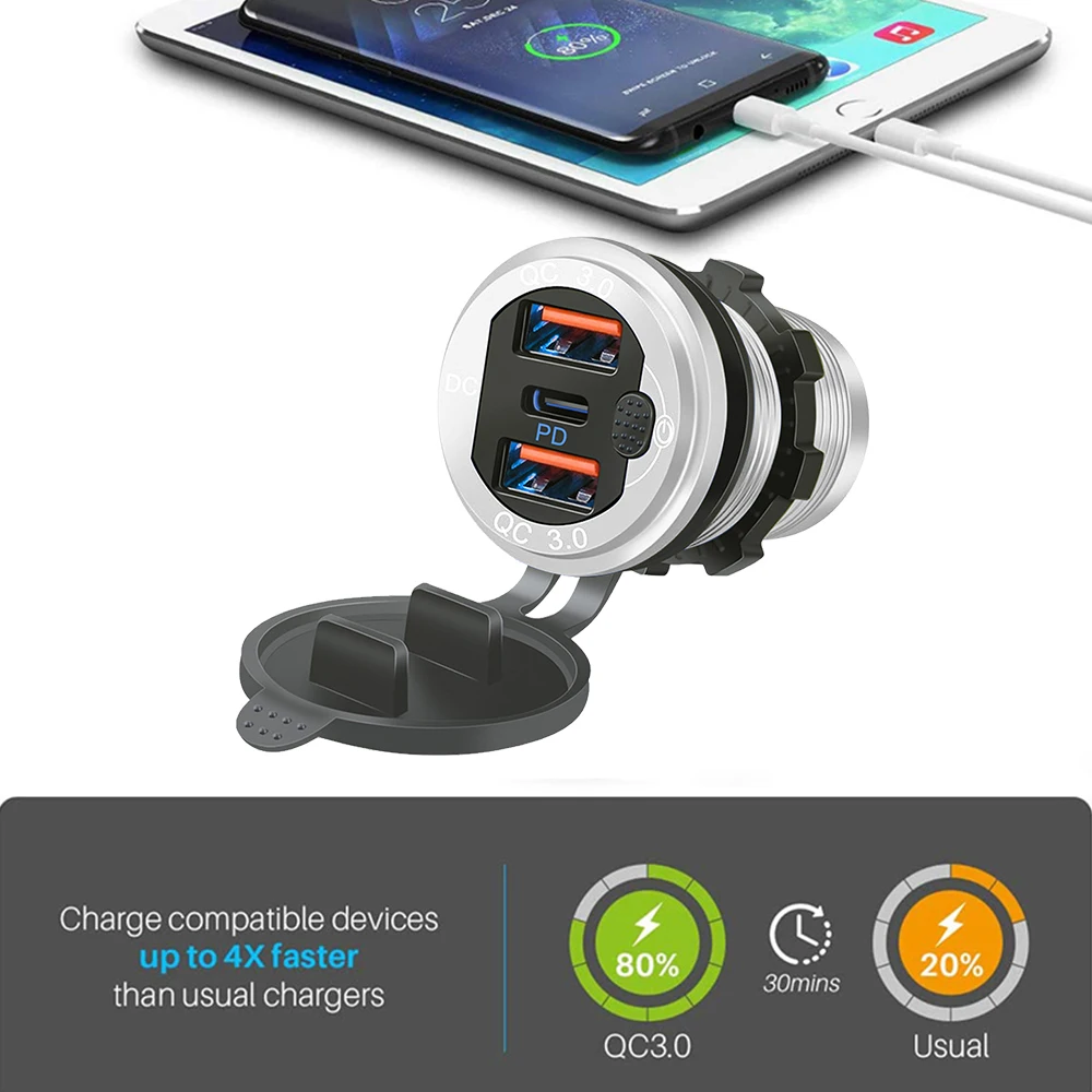 Cargador de coche múltiple USB tipo C de 12V/24V, puertos PD3.0 y QC3.0, resistente al agua con Interruptor táctil, adaptador de carga rápida para motocicleta y coche