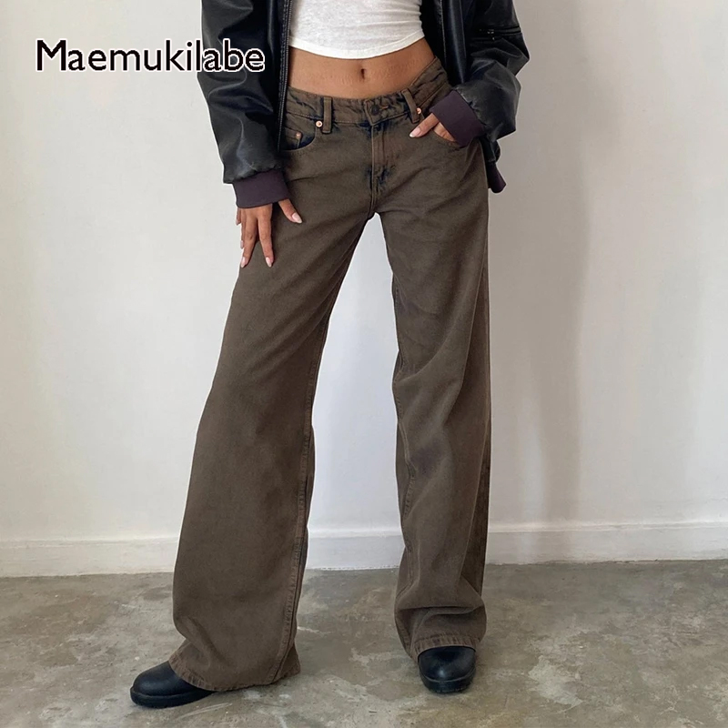 Maemukilabe 女性 Y2K 美的ローライズだぶだぶのジーンズルーズフィットボーイフレンドストレートワイドレッグデニムパンツトレンディなストレッチパンツ