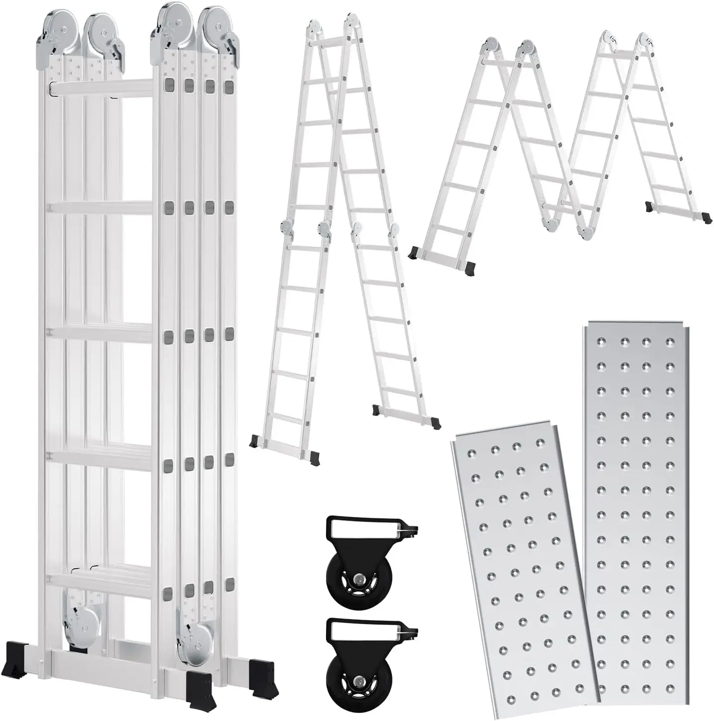Escalera Multiusos de Aluminio de 4 x 5 Niveles, Escalera multifunción de 5,8 m con Plataforma, Escalera con 2 Placas de andamio