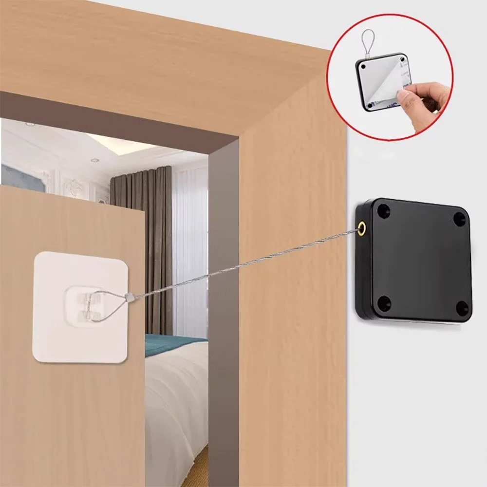 Black White Door Closer Automatic Sensor Bold Drawstring Shutdown Device Non Punching Telescopic Sliding Door Close Device
