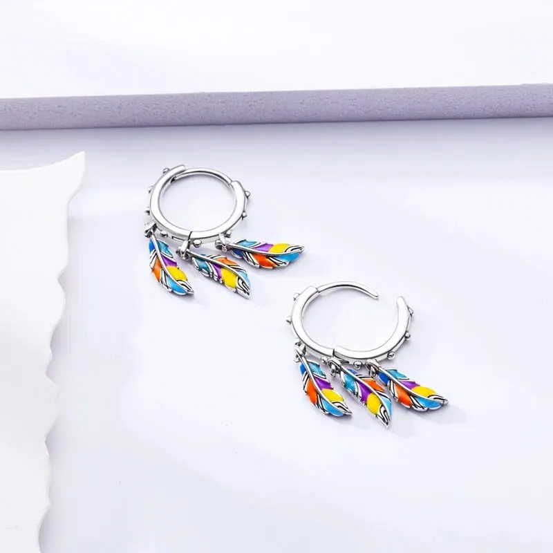 2024 ใหม่ 925 เงินเครื่องประดับหูสีสันFeather Design Dangleต่างหูLucky Wishes Bohemian Elegantสไตล์อินเทรนด์หญิงของขวัญ