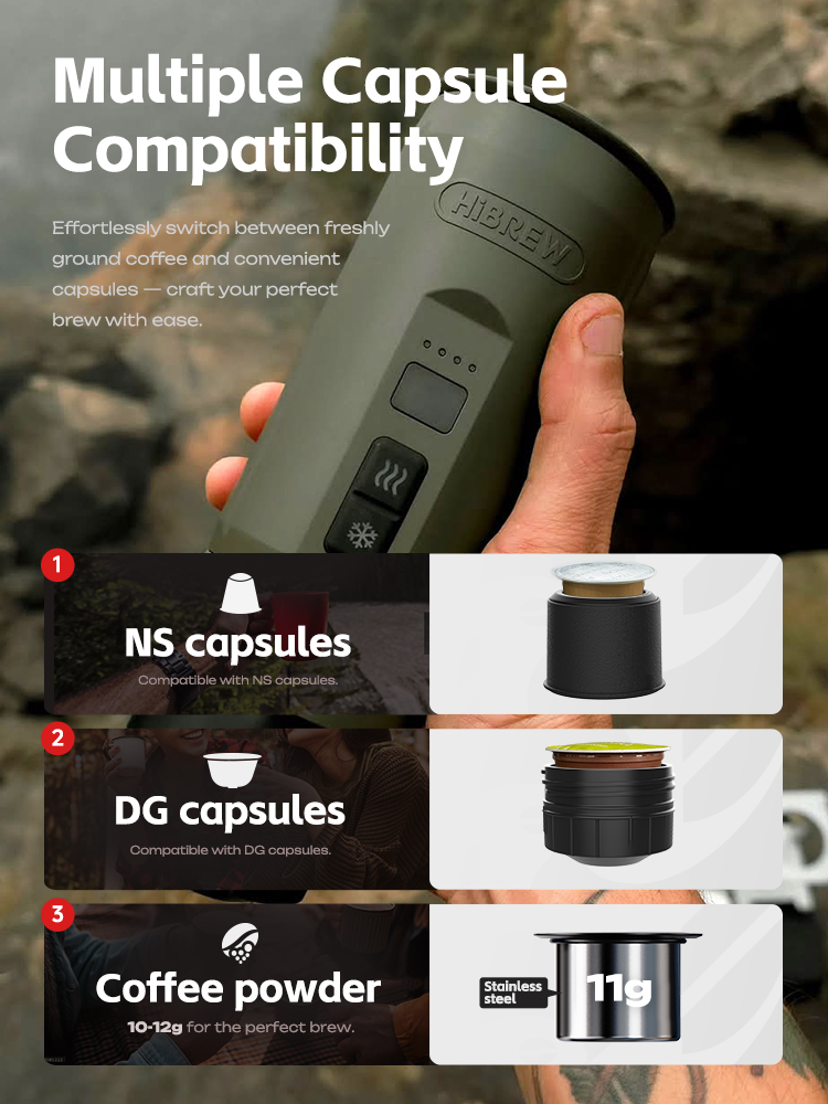 HiBREW-cafetera Espresso portátil para coche y hogar, cafetera para acampar, compatible con cápsula Nespresso Dolce en polvo H4C