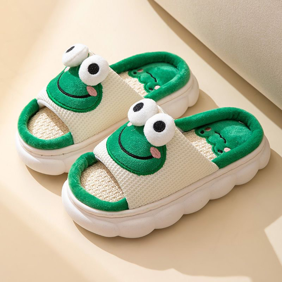 รองเท้าแตะสตรีนุ่มสบายหนา Four Seasons ในร่มการ์ตูนกบผ้าลินินรองเท้าแตะ Anti SLIP คู่รองเท้าแตะบ้าน