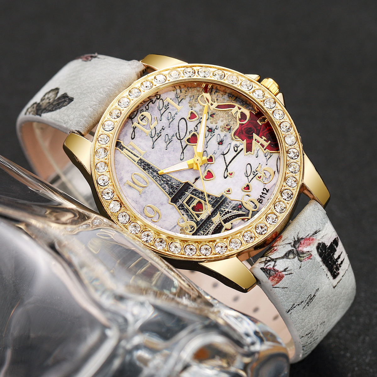 Relógio de quartzo de strass feminino, pulseira de couro árabe, relógios fashion, sem caixa