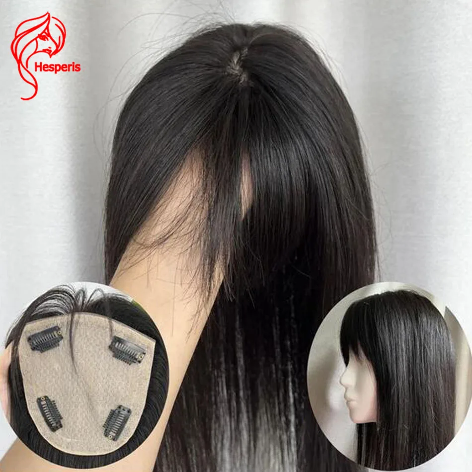Hesperis Natural Cabelo Humano Topper com Franja Francesa, Cabelo Real Clip-in Topper para Volume e Cobertura Cinza, 5x6"