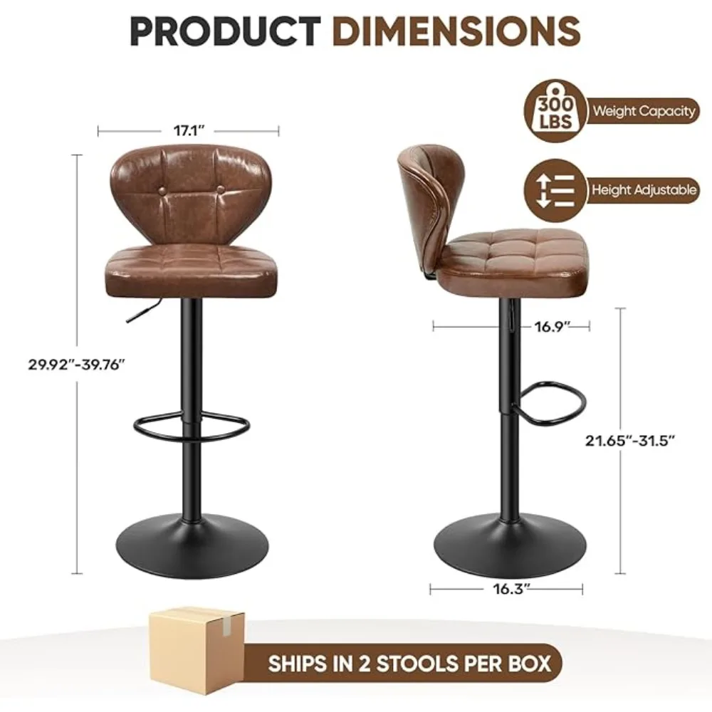 Bar Stool Set of 4, Adjustable PU Leather Upholstered Swivel Bar Chairs, Counter Height Barstools with Backrest, Bar Stool