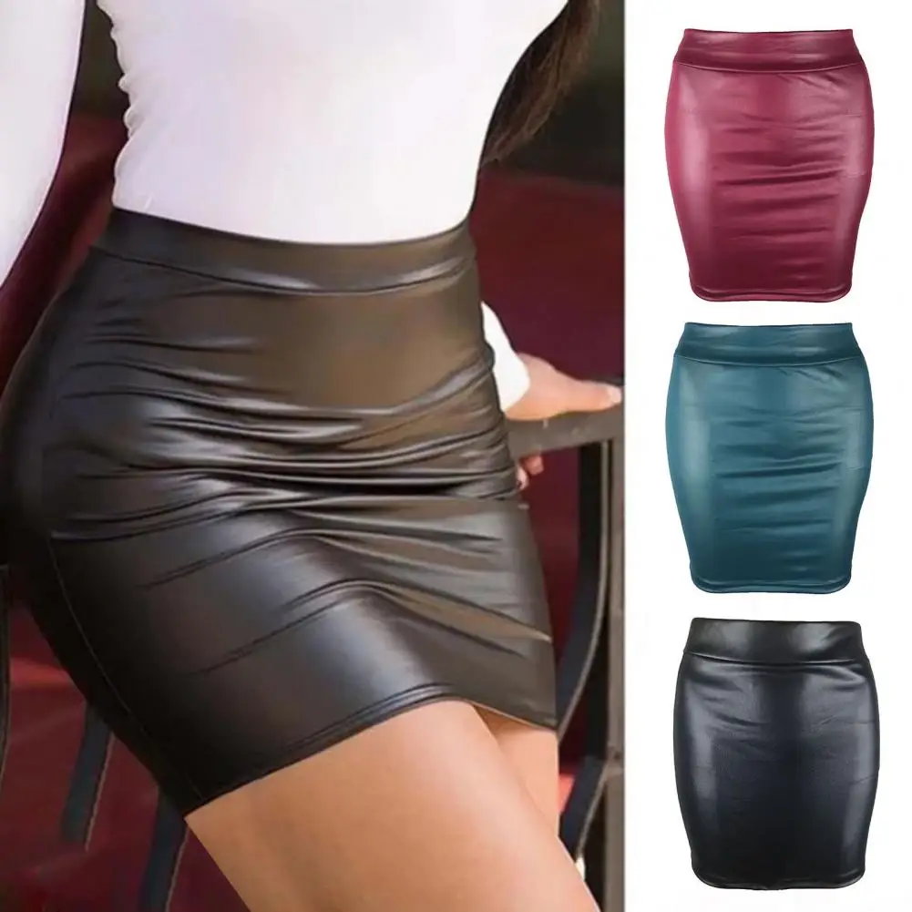 Women Mini Skirt Faux Leather High Waist Solid Color Slim Fit Skinny Matte Cozy Commuter Bodycon Skirt Sexy Streetwear