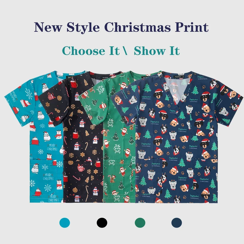 ช่างเสริมสวยWorkearการ์ตูนUnisexพิมพ์Breathable Scrub Tops Labชุดขัดเสื้อLady Menกันฝุ่นชุดทํางานคริสต์มาส