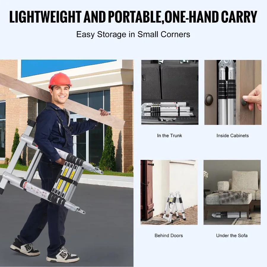 Telescoping Extension Ladder 12.5FT A-Shape w Stabilizer Bar for RV